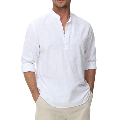 VANCOOG Men's Cotton Linen Shirts Long Sleeve Banded...