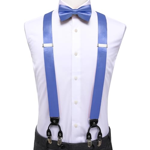 Image of Hi-Tie Men Suspender Bowtie Set Suspenders Pre-tied Bow Tie Pocket Square Cufflinks Adjustable Y Shape 6 Clips Braces Tuxedo