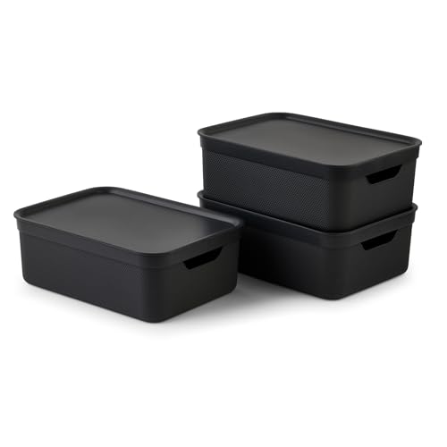 Rotho Jive 3er-Set Aufbewahrungsbox mit Deckel | 10l, A4 | Stapelboxen klein | mit Flechtmuster | modular & stapelbar | pflegeleicht & stabil | schwarz