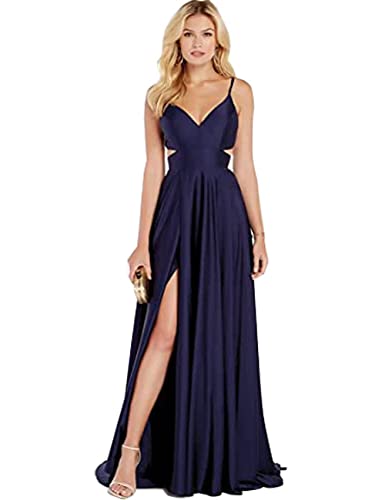 Smileven Women's Long Satin Prom Dresses V-Neck A Line Formal Evening Party Gowns2