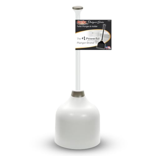 Korky White Toilet Plunger and Holder Heavy Duty Compact Design Fast Clog Removal Easy to Clean - Made in USA