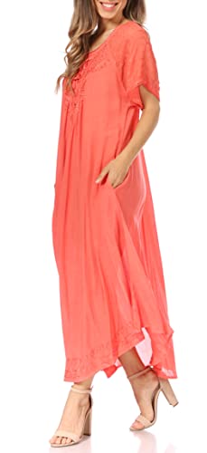 Image of Sakkas Egan Long Embroidered Caftan Dress /Cover Up with Embroidered Cap Sleeves