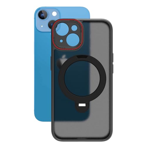 Image of RIGGEAR Shockproof Tough Hybrid Armor 360 Rotating Magnetic Ring Stand Back Cover Case Compatible with MagSafe Accessories for iPhone 14 (Smoke Black Matte PC and Black TPU Bumper)