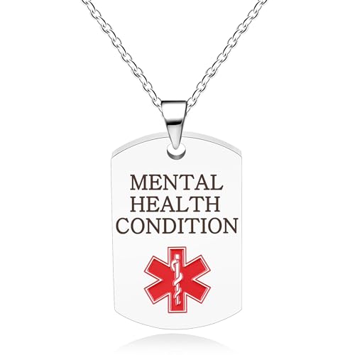 Vivaday Joyería de Alerta Médica para Condiciones de Salud Mental | Collar de Emergencia con Placa Blanca | Colgante Personalizado de Conciencia sobre Salud Mental | Collares de Etiqueta Médica