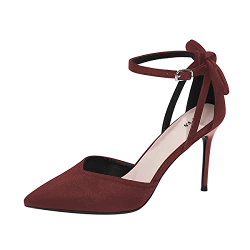 FYS Women Pointed Toe Ankle Strap D'Orsay Pumps Stiletto High Heels Bow Tie Back Suede Dress Party Wedding Cute Ladies Shoes Size 4-15 US