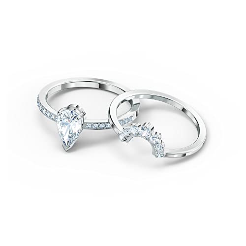 Swarovski Attract Ring Set, Pear-Shaped Clear Crystal Center Stone With Crystal Pavé On A Rhodium Plated Setting And A Second Stackable Ring, Size 6 #TOP2