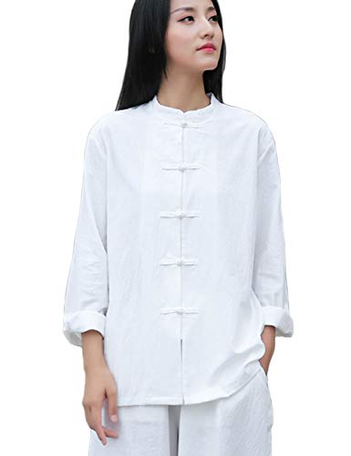 Image of Womens Cotton Linen Casual Long Sleeve Loose T-Shirt Tops Button Down Blouse Cardigan Shirts