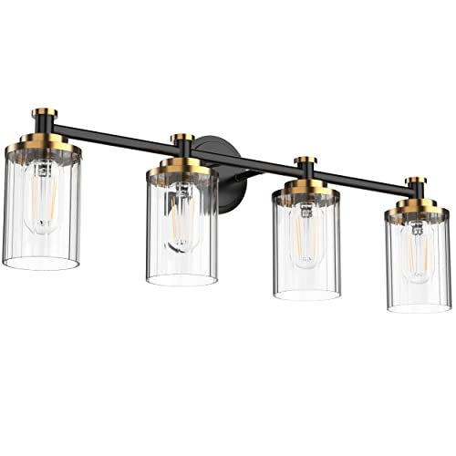 PHIXART Bathroom Lighting Fixtures Black and Gold Bathroom Vanity Light with Cylindrical Clear Stripes Glass Lampshade E26 Socket Base Bathroom Lighting Fixtures Over Mirror (4 Lights)