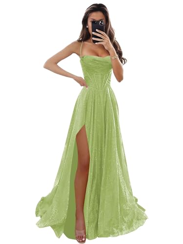 Corset Prom Dresses Long for Women Sparkly Glitter A-Line Spaghetti Straps Formal Evening Dress with Slit