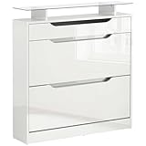 HOMCOM Scarpiera Salvaspazio Slim con 2 Ante a Ribalta e Cassetto, Scarpiera Ingresso in Vetro con Ripiani Regolabili su 2 Livelli, Porta Scarpe per 16 Paia con Maniglia, 89x23x96cm, Bianco Lucido