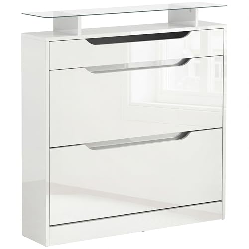 HOMCOM Shoe Storage Cabinet, Shoe Cupboard with Slide Out Drawer, 2 Flip Doors, Tempered Glass Top and Adjustable Shelves for 16 Pairs of Shoes, White