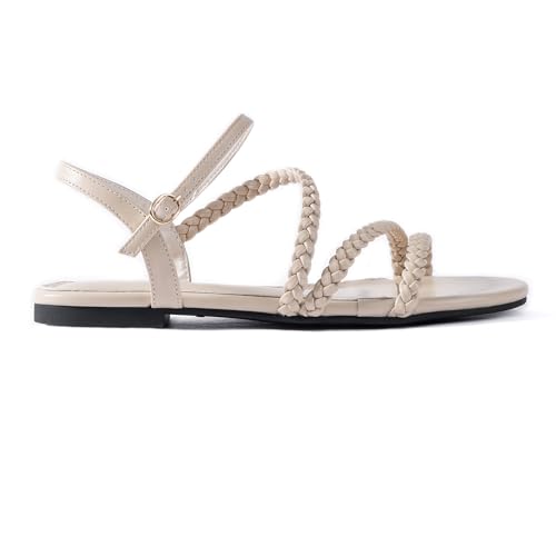 Image of Mtzyoa Women Flat Sandals Dressy Strappy Gladiator Summer Ankle Strap Nude Open Toe Comfortable Wedding Casual Leather Ladies Party Trendy Vacation