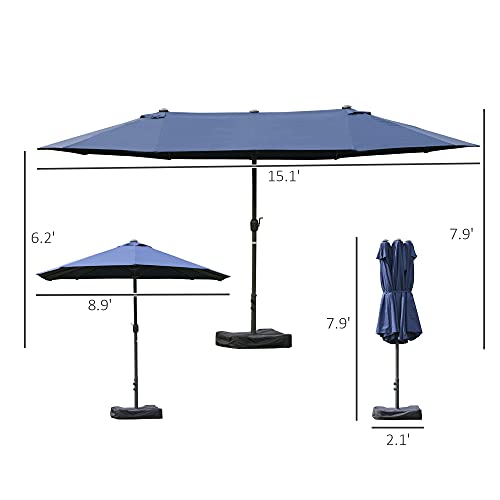 Outsunny Patio Umbrella 15' Steel Rectangular Outdoor Double Sided Market With Base, Sun Protection & Easy Crank For Deck Pool Patio, Dark Blue #TOP2