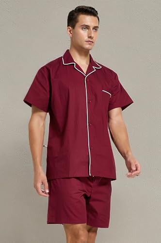 TONY AND CANDICE Mens Cotton Pajamas Short Sleeve Pajama Set Woven Sleepwear Loungewear Nightwear (Burgundy with White Piping, X-Large)