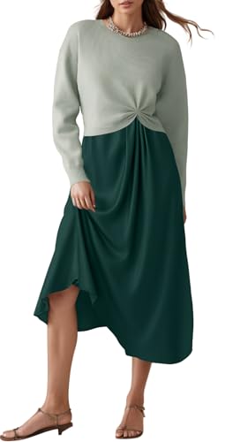 Womens Sweater Dress Trendy Color Block Fall Winter Long Sleeve Dresses with Silky Smooth Hem