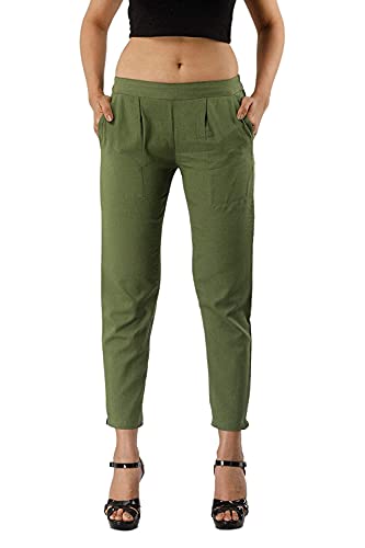 Image of DIGITAL SHOPEE Women Cotton Regular Fit Elastic Waist Casual Ankle Pant Trouser with Two Side Pocket