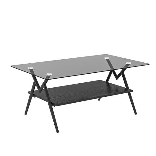Elegant Rectangle Coffee Table with Tempered Glass Top & Black