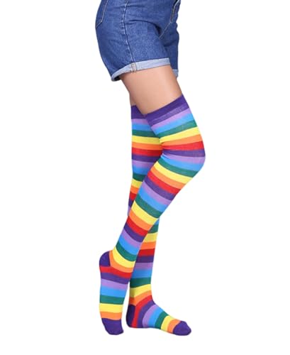 Image of Womens Thigh High Socks Athletic Stripe Cute Colorful Over the Knee High Sock Colorful Long Tube Sock