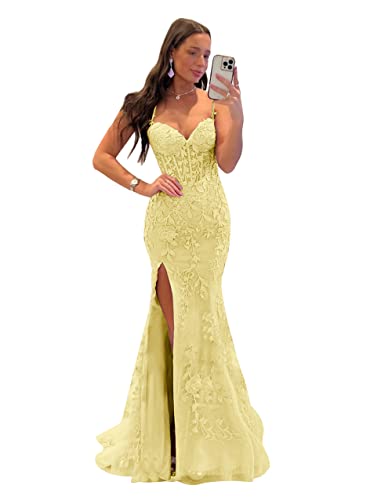 Women's V Neck Lace Appliques Tulle Long Prom Dresses with Slit Spaghetti Straps Corset Formal Evening Dress