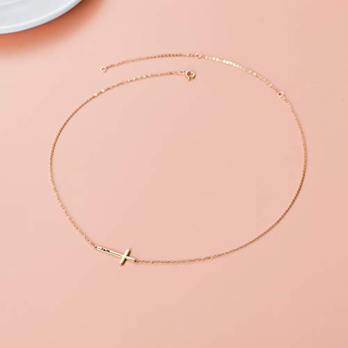 SISGEM 14K Gold Sideways Cross Necklace for Women, Dainty Yellow Gold Engraved Faith Sideways Cross Choker Pendant Adjustable Jewelry for Her, 14"-17"4