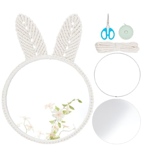 WEBEEDY DIY Bunny Ears Macrame Mirror Kit DIY Macrame Hanging Wall Ornament with Video Tutorials,Cute Rabbit Decorative Mirror Set with Cotton Cord for Room Easter Wall Art Decor(Beige)