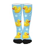Meaudiwes Boy's Sport Baseball Compression Socks, Girl's Party Birthday Gift Socks, Soft Travel Knee High Stockings, Fashion Dress Decor Yellow Rubber Ducks Bubbles