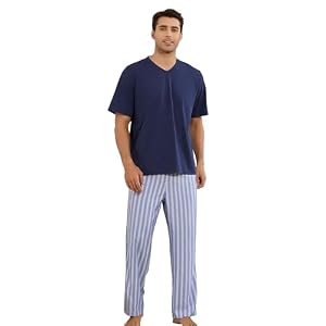 Vulcanodon Herren Schlafanzug Set Pyjama Set Kurzarm-T-Shirt Gestreifte Lange Schlafhose Pyjamaset weich leicht（Marineblau/Blau weiß, L）