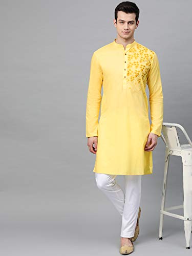 Image of See Designs Yellow Cotton Regular Fit Embroidered Kurta