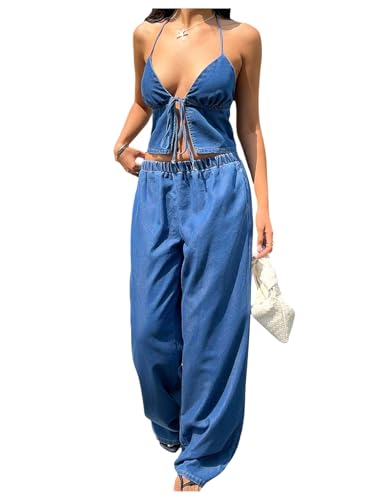 OYOANGLE Women's 2 Piece Denim Outfit V Neck Tie Front