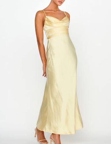Image of Summer Satin Cowl Neck Maxi Wedding Guest Cocktail Dress for Women