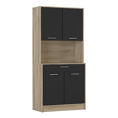 Demeyere Buffet Industriel 4 Portes 1 Tiroir 1 Grande Niche Résistant à l’Eau & Idéal Micro-Onde, Coloris Bois Clair et Noir, 83,3x40x176,1 cm