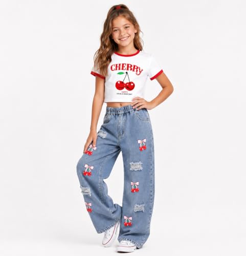 Image of Azmxynol Tween Girl Clothes Short Sleeve Top + Butterfly Design Jeans 2 Pieces Spring Summer Outfit Set, Size 6-14 Years