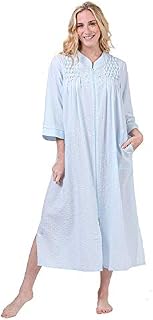 Miss Elaine Long Seersucker Robe - Smocked Zip Front in Blue (Blue, X-Large)
