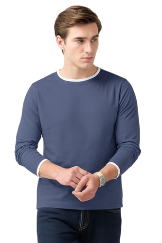 Image of THE DRY STATE Turquoise Blue Cotton Round Neck Full Sleeve Casual T-Shirt for Men