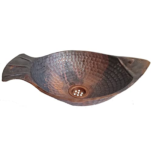 Shallow Tarnished Vessel Copper Bath Sink Fish Creature Sculpture Wash Bowl #TOP1