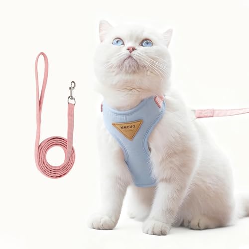Yume Heya 猫 猫用ハーネス 防?脱抜けない ペット散歩リードセット 子猫小型犬用 ベスト型 ソフト通気メッシュ サイズ調節 軽量お出かけ猫具 頭を通さず簡単装着 (スカイブルー, Mサイズ)