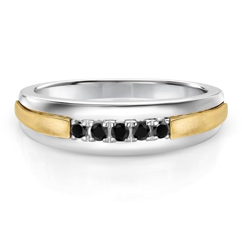 Gem Stone King Black Diamond Satin Finish Wedding Band Ring For Men | 925 Sterling Silver and 10K Yellow Gold | 0.17 Cttw | Round 2MM | Available in Size 7,8,9,10,11,12,132