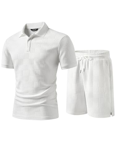 JMIERR Jogginganzug Herren Set 2-Teiliger Sommer Trainingsanzug Casual Textured Poloshirt Herren mit Baggy Shorts Freizeitanzug Männer Sportanzug Tracksuit Sets Weiß M