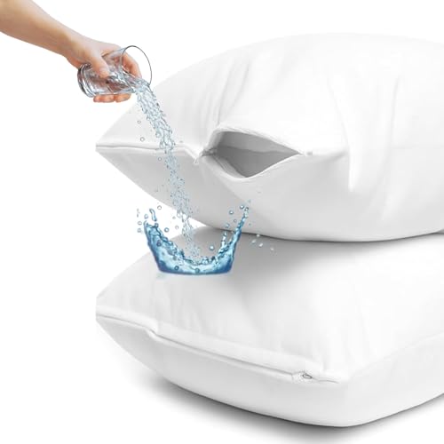 Image of Waterproof Terry Cotton Pillow Protector Cover with Zippered Closure | 18X28 Inch Standard Size Pillow Cover, Set of 2 | Dustproof Bedding Pillowcase for Protection (White)