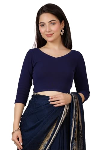 Image of Mlada V-Neck Stretchable Saree Blouse Top for Women | Slim Fit 3 /4th Sleeves Solid Cotton Blouses | Readymade Saree Blouses for Women Festive & Ethnic | Blouse Crop Top