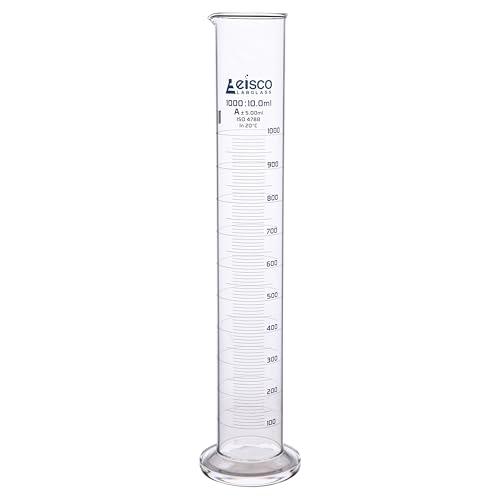 Graduated Cylinder, 1000ml - Class A Tolerance ±5.00ml - Round Base - Blue Graduations - Borosilicate 3.3 Glass - Eisco Labs