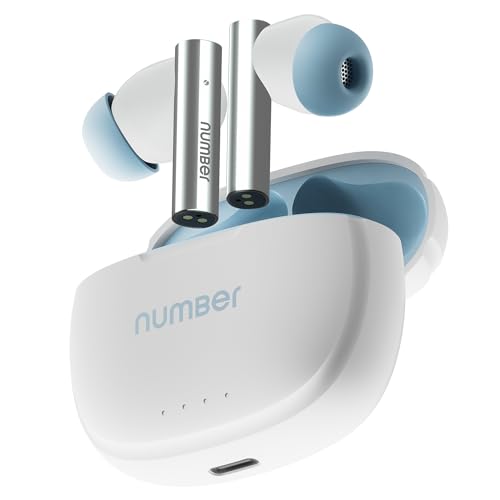 Number Navo Buds X1 w/ 50H Playtime, Dual Pairing, 13mm Speakers, ENC, 45ms Low Latency True Wireless Bluetooth (White Sky)