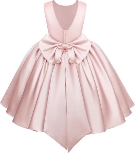 Girls Satin Flower Dresses for Wedding Short Princess Pageant Gown Bow First Communion Dress Short Sleeves2