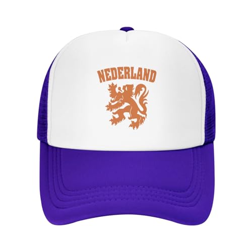 Netherlands Flag Lion Dutch Pride Trucker Hat Summer Mesh Cap with Adjustable Snapback Strap Unisex Purple