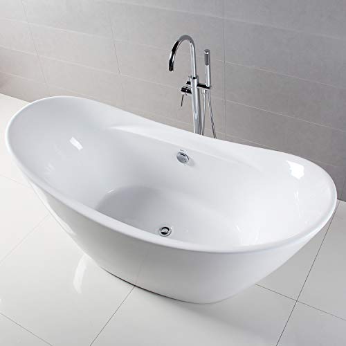 FerdY Boracay 67" Acrylic Freestanding Bathtub, Gracefully Shaped Freestanding Soaking Bathtub, Glossy White, cUPC Certified, Toe-Tap Chrome Drain & Classic Slotted Overflow Included, 02503