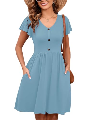 Image of Heymoments Women's Ruffle Sleeve V Neck Swing Sundress Summer Casual A-Line Midi Dress with Pockets S-2XL