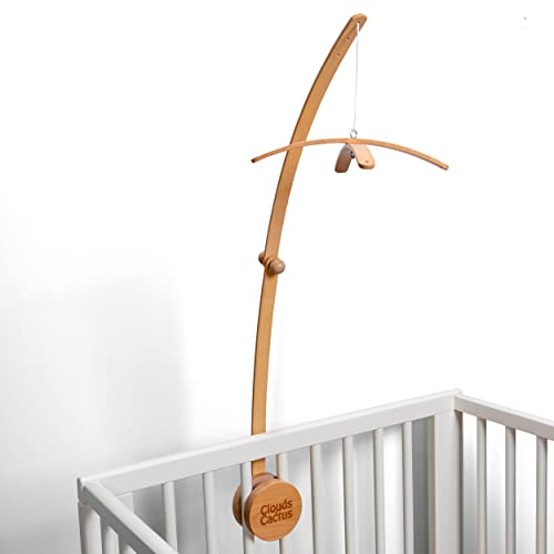 Clouds And Cactus Crib Mobile Arm 33 Inches For Baby Nursery - 100% Natural Beech Wood With Extra Matching Wooden Holder Attachment And Anti Slip Clamping System (Curved) #TOP9