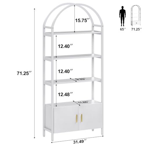 Image of Jehiatek Arched Bookshelf, Bookcase with Doors Storage, 71 Inches Tall Industrial Book Shelf with Sturdy Metal Frame, E1 Quality Boards, Freestanding Display Shelving Unit, White