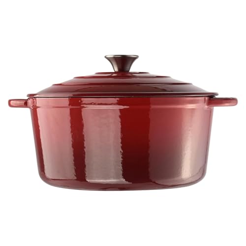 Image of Enamel Coated Induction Base Hard Anodised Non Stick Cast Iron Dutch Oven with Lid & Handles | Cook & Serve Dutch Oven Cast Iron Handi for Cooking | Ombre - Red