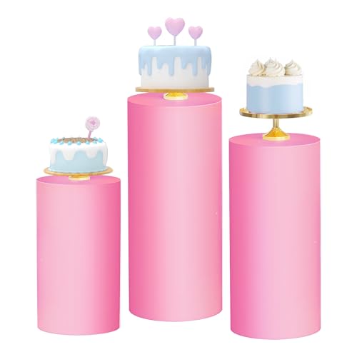 Babenest Pink Cylinder Pedestal Stand Covers Set of 3 Spandex Vintage Fitted Round Pedestal Covers Elastic Cloth Pillar Plinth Cover for Birthday Wedding Party Reception Decoration(Without Stands)